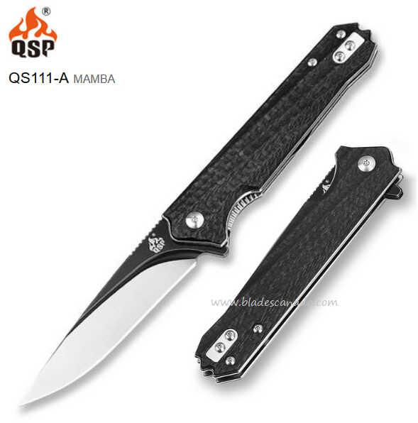 QSP Mamba Flipper Folding Knife, VG10 Black/Satin, Carbon Fiber, QS111-A